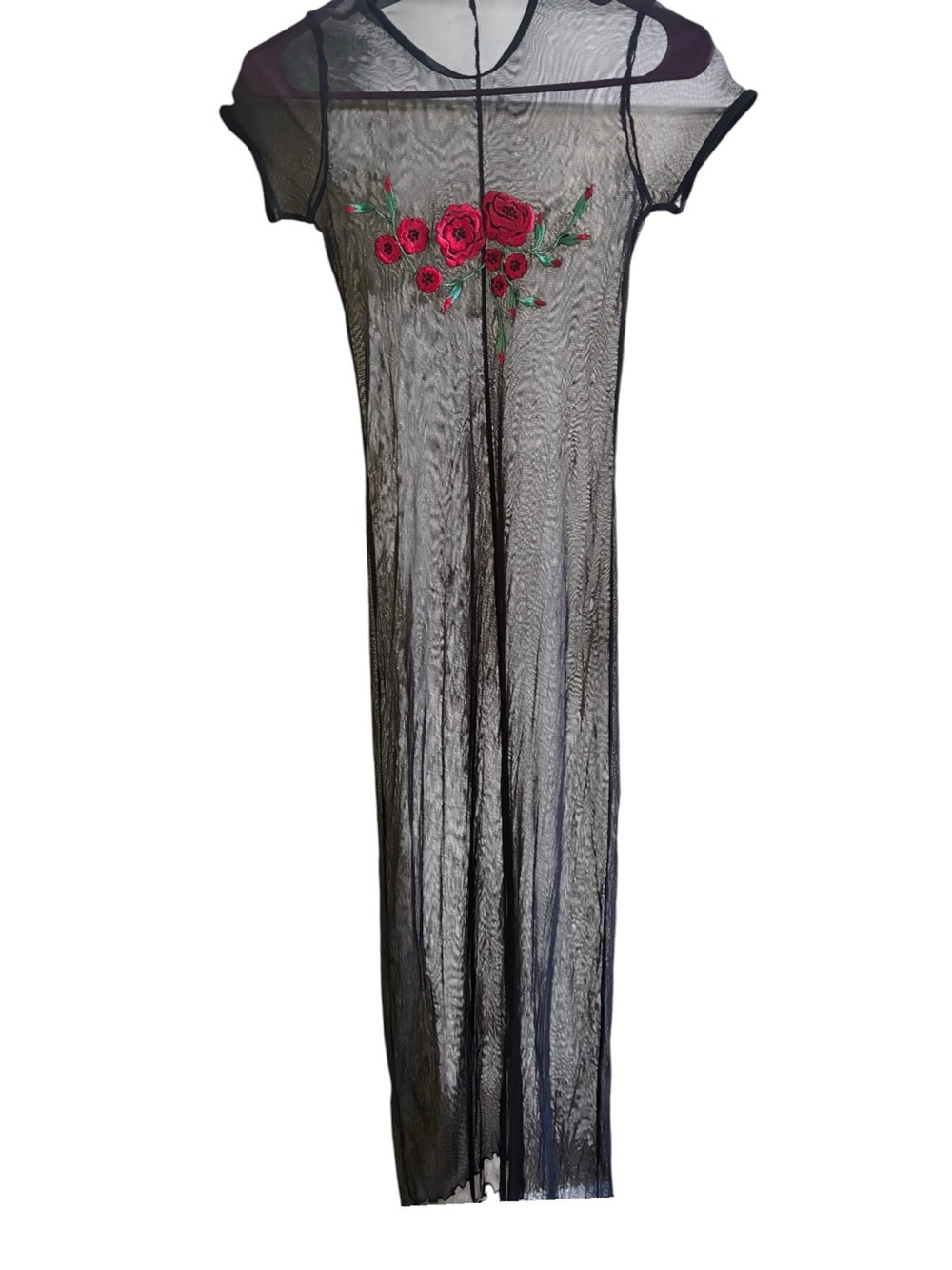 Y2K Romantic Goth Black Mesh Maxi Dress Red Rose Embroidered Whimsigoth - Picture 4 of 5